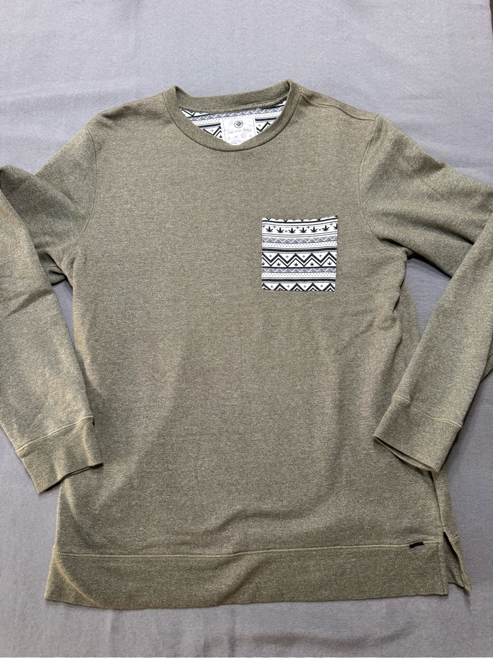 ON THE BYAS  Men's Olive Crewneck Sweater with Patterned Chest Pocket
